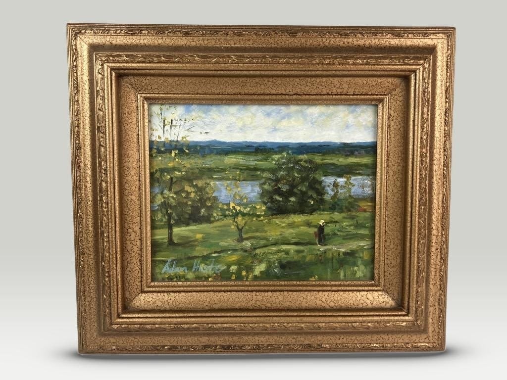 Impressionist, Landscape, Oil Painting: Impressionist oil painting by artist Adam Hastie is executed on canvas with brushwork that captures atmosphere, texture, and a strong sense of natural light. The composition depicts a figure