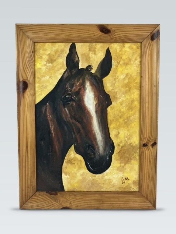 Modernist, Thoroughbred Horse, Oil Painting: Mid-century modern oil painting,signed L.M. and dated 1961, depicts a thoroughbred horse head in a three-quarter view. The subject is rendered with expert naturalism, featuring distinctive chestnut