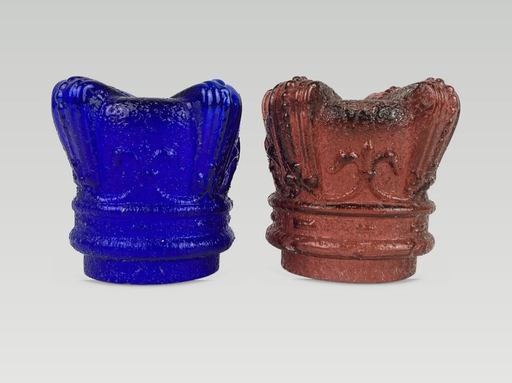 Pair of Red Cranberry and Blue Glass Fairy Lamps - 2