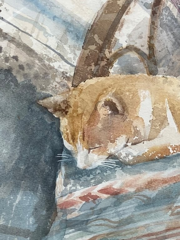 Mid-Century Modern, Sleeping Cat, Signed Watercolor Painting - 2