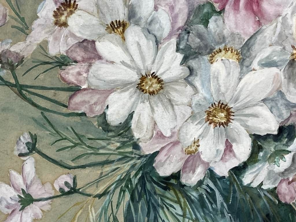 19th Century, Still Life of Cosmos Flowers, Watercolor Painting - 2