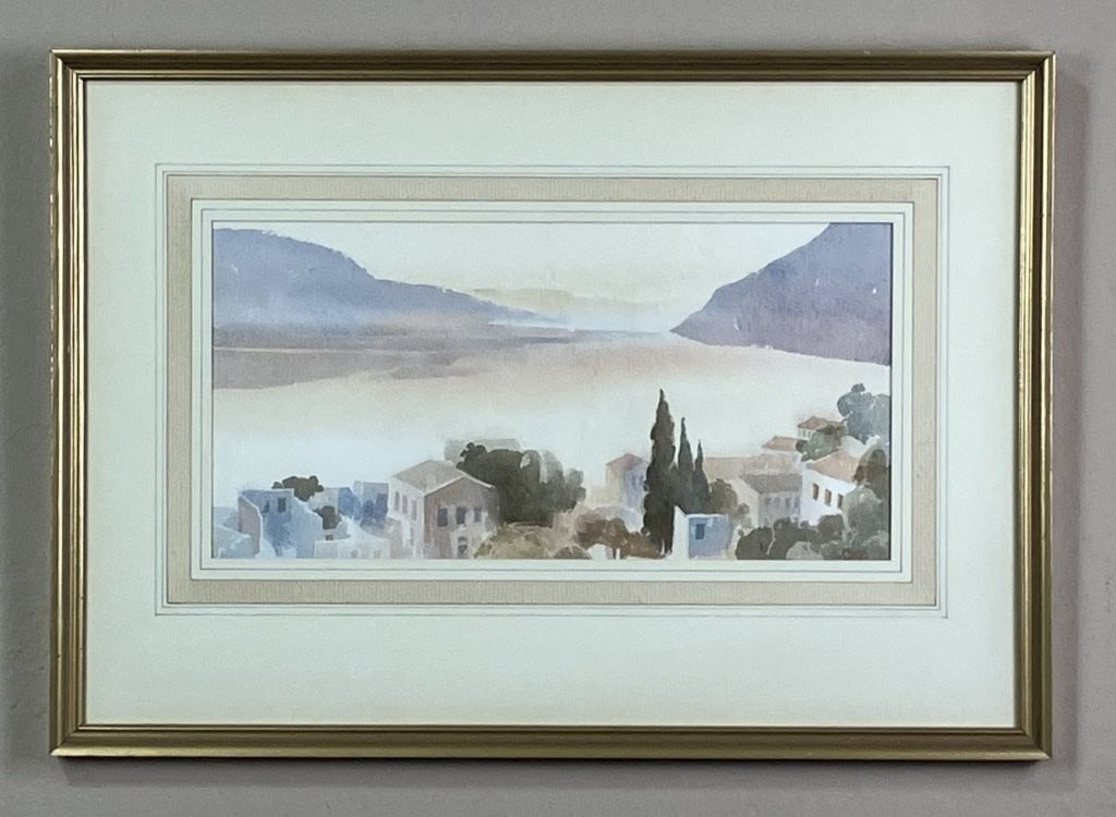 Mid-Century Modern, Lakeside Village, Signed Watercolor Painting - 2