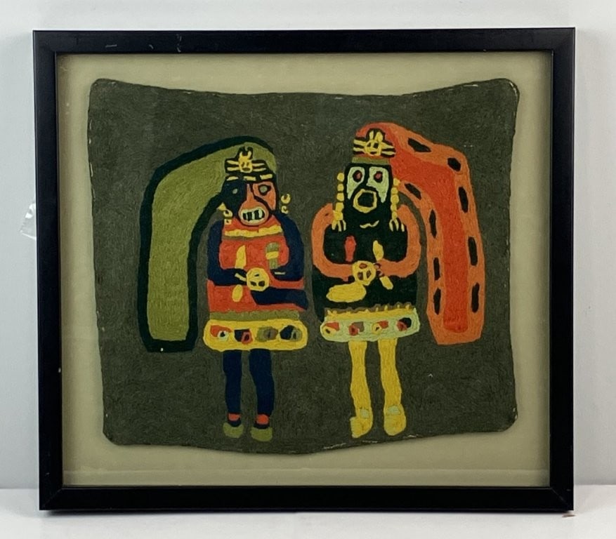 Peruvian Folk Art Textile Panel: This folk art textile panel depicts two figures wearing ornate headdresses, one in a muted olive yellow and the other in orange-red. The figures feature large, staring eyes and blocky, rectangular bod
