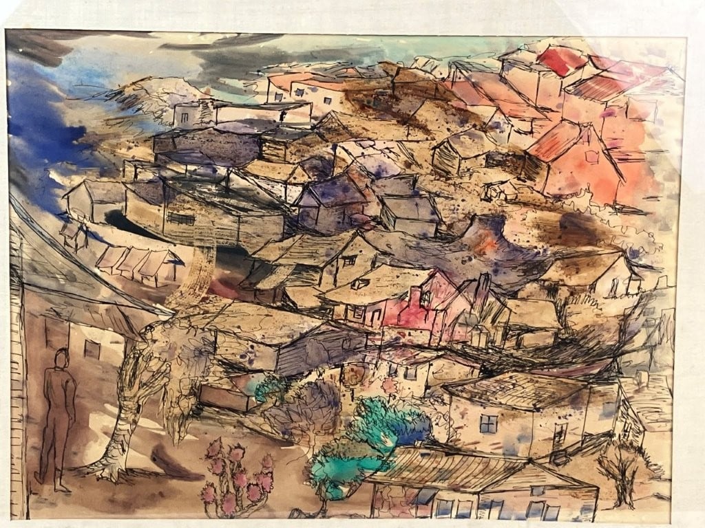 Mid-Century Modern, Expressionist Cityscape, Mixed Media Drawing - 2