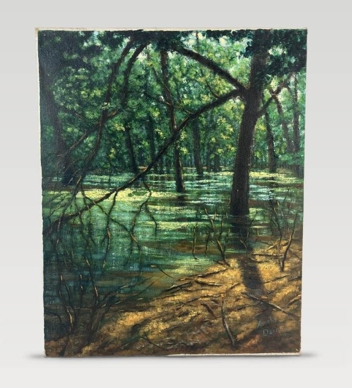Amelia Darr, Florida Marshland Landscape, Oil Painting: Oil painting by American mid-century artist Amelia Darr depicts an atmospheric marshland filled with a variety of trees, rendered in naturalistic greens and yellows. The work showcases her