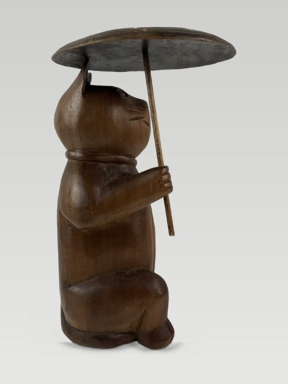 Folk Art Carved Cat Holding Umbrella - 7