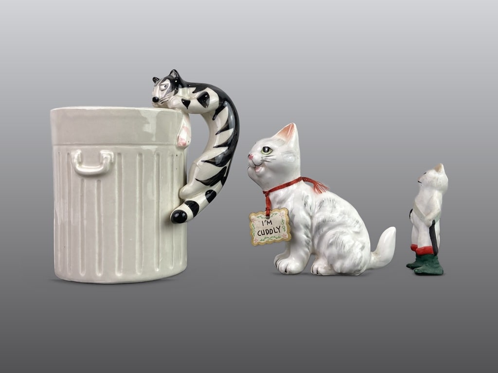 Three Porcelain Cat Figurines Including Takahashi Mug - 2