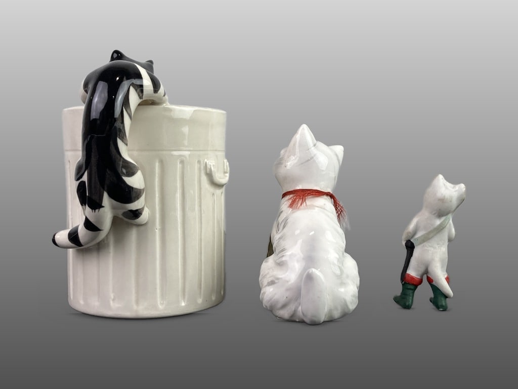 Three Porcelain Cat Figurines Including Takahashi Mug - 3