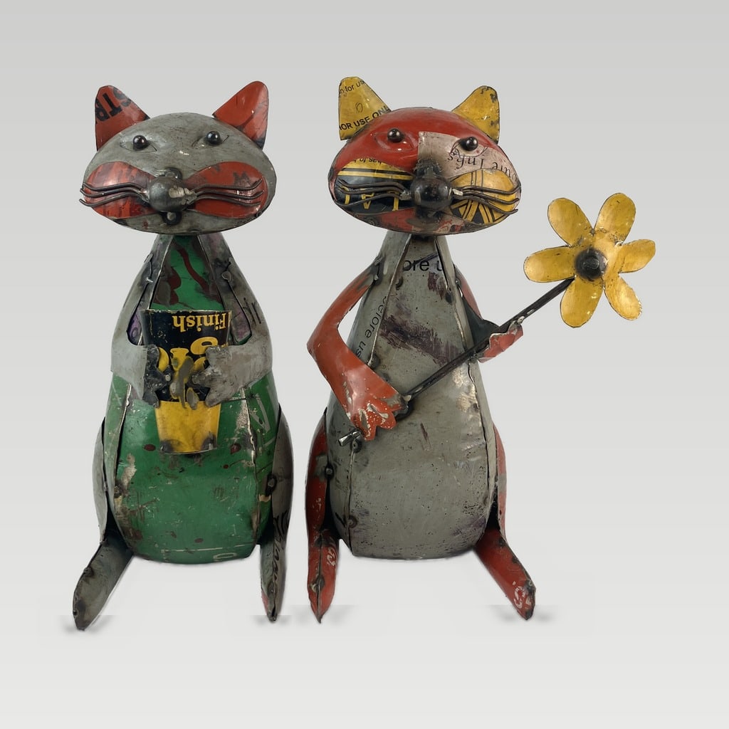 Pair of Folk Art Mixed Metal Cats - 2