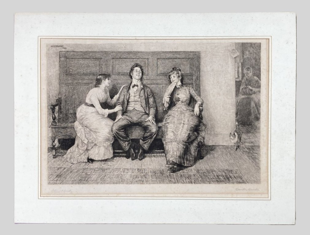 19th-Century, Hamilton, Genre Scene, Engraving: This 19th-century engraving is after a painting titled Embarrassment by W.T. Smedley and executed by Anglo-American painter and etcher Hamilton Hamilton (1847–1928), renowned for his