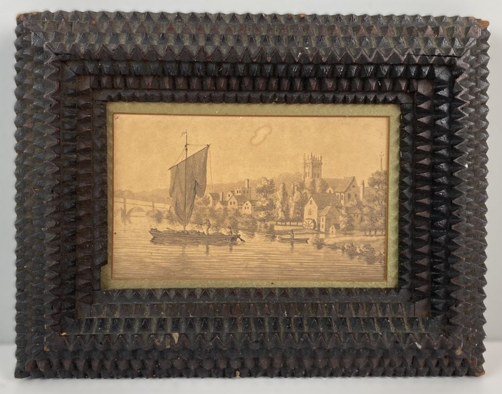 19th-Century Tramp Art Frame and Ship Lithograph (1 of 5)