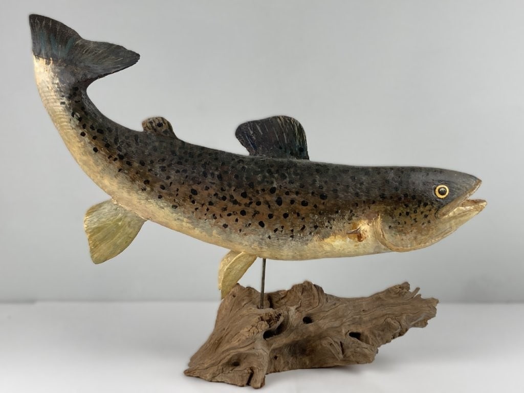Folk Art Brown Trout Wood Sculpture - 3