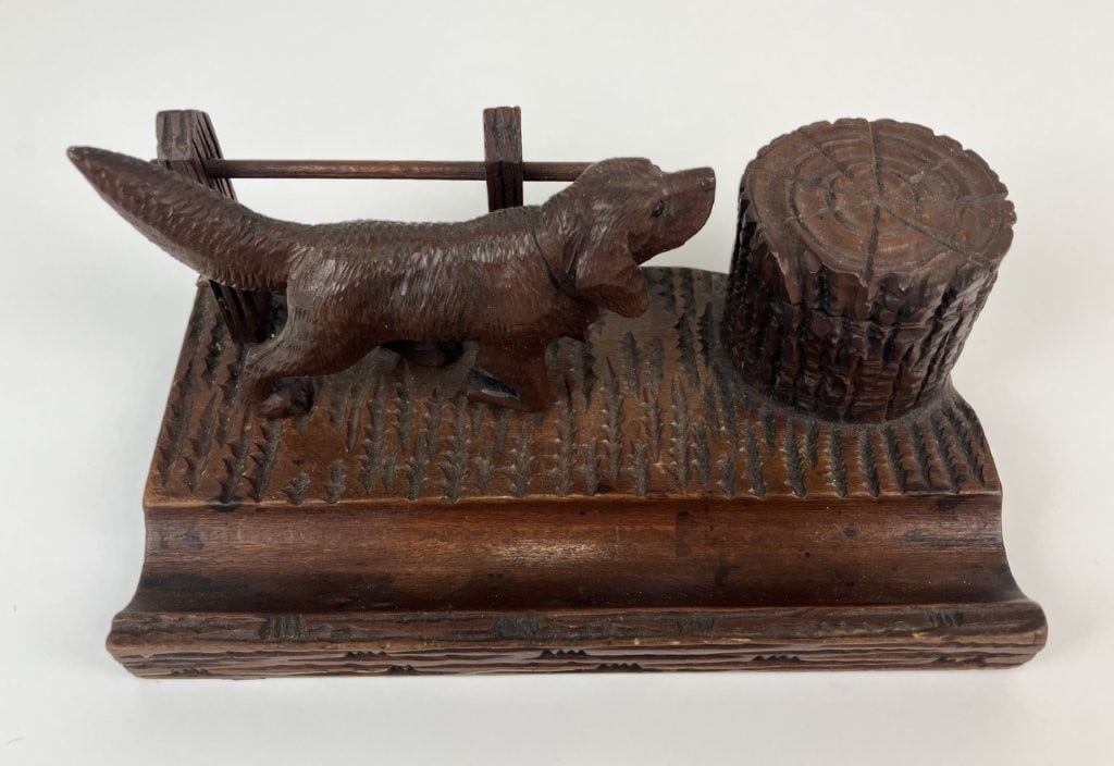 Carved Folk Art Hunting Dog Inkwell Stand - 2