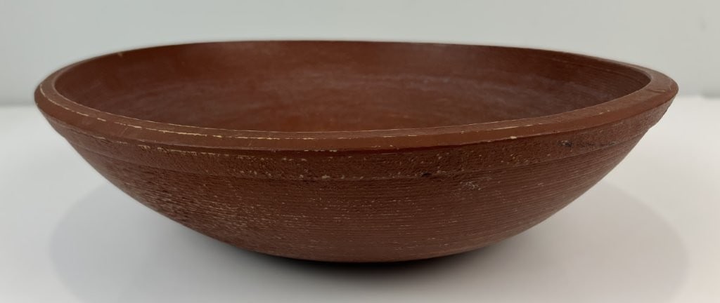 Painted Wood Dough Bowl: This turned country dough bowl showcases traditional woodworking craftsmanship and rustic utility. The piece features a classic rounded profile and measures approximately 3 1/8 in. H x 12 3/8 in. in d