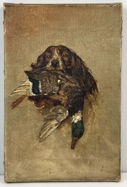 19th-Century English, Hunting Dog with Duck, Oil Painting: This mid-to-late 19th-century oil painting on canvas depicts an English hunting dogâ€”likely a pointer spanielâ€”proudly holding a duck in its mouth to showcase the