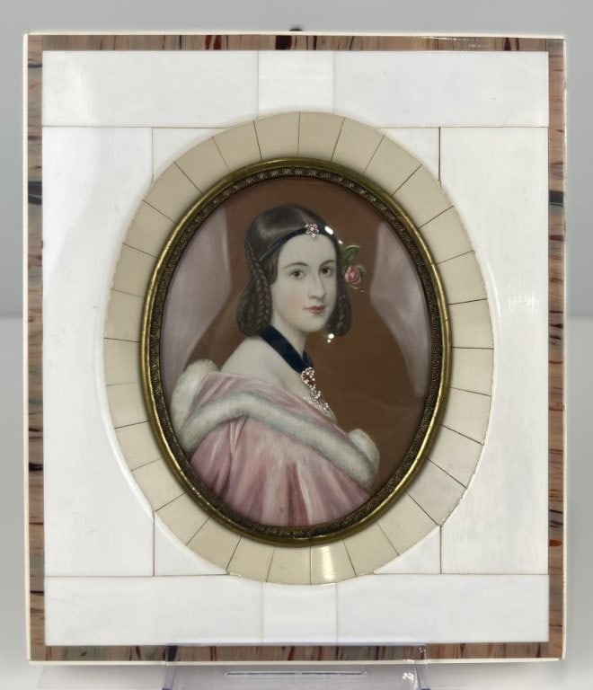 Joseph Stieler Jane Erskine Miniature Portrait: This 19th-century miniature portrait is executed on traditional porcelain, finely detailed with exquisite hand-painted work after the renowned neoclassical master Joseph Karl Stieler