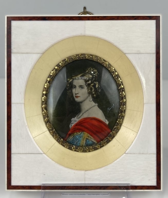 Amalia von Schintling Miniature Portrait: Exquisite miniature portrait is a delicate hand-colored rendition of the famous portrait originally painted by master artist Joseph Stieler (known for his work in the Gallery of Beauties at