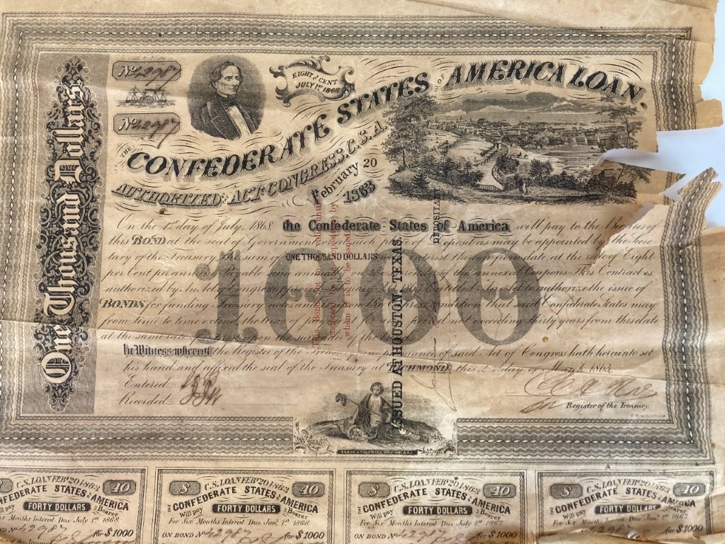 1863 Confederate States of America $1,000 Loan Bond - 2
