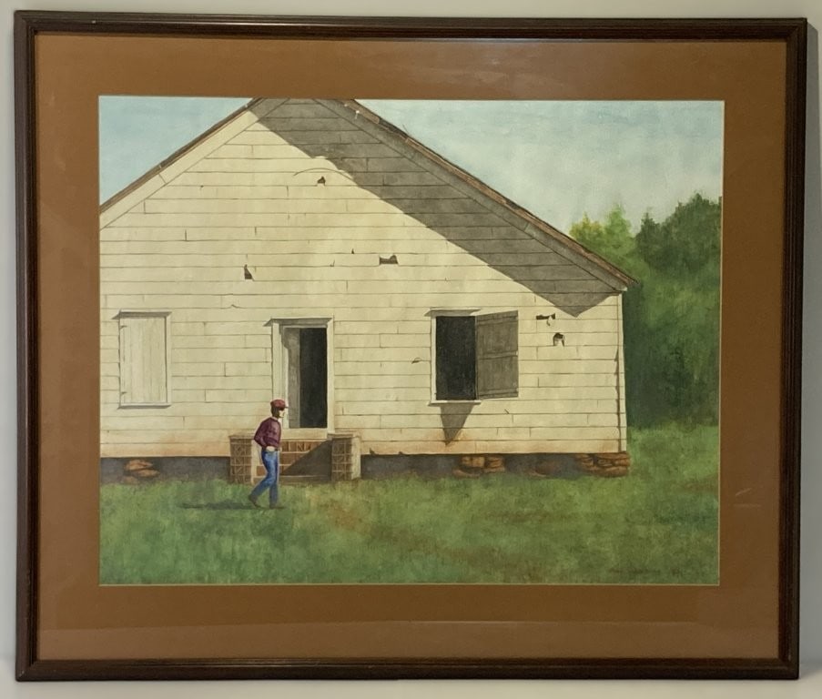 Mid-Century Modern, Midwest Man and Country Home, Watercolor: Mid-century modern watercolor painting by Minnesota artist Rebecca Ann Schierman (1943â€“2018) is signed to the lower right. The scene depicts a man standing in front of a white home