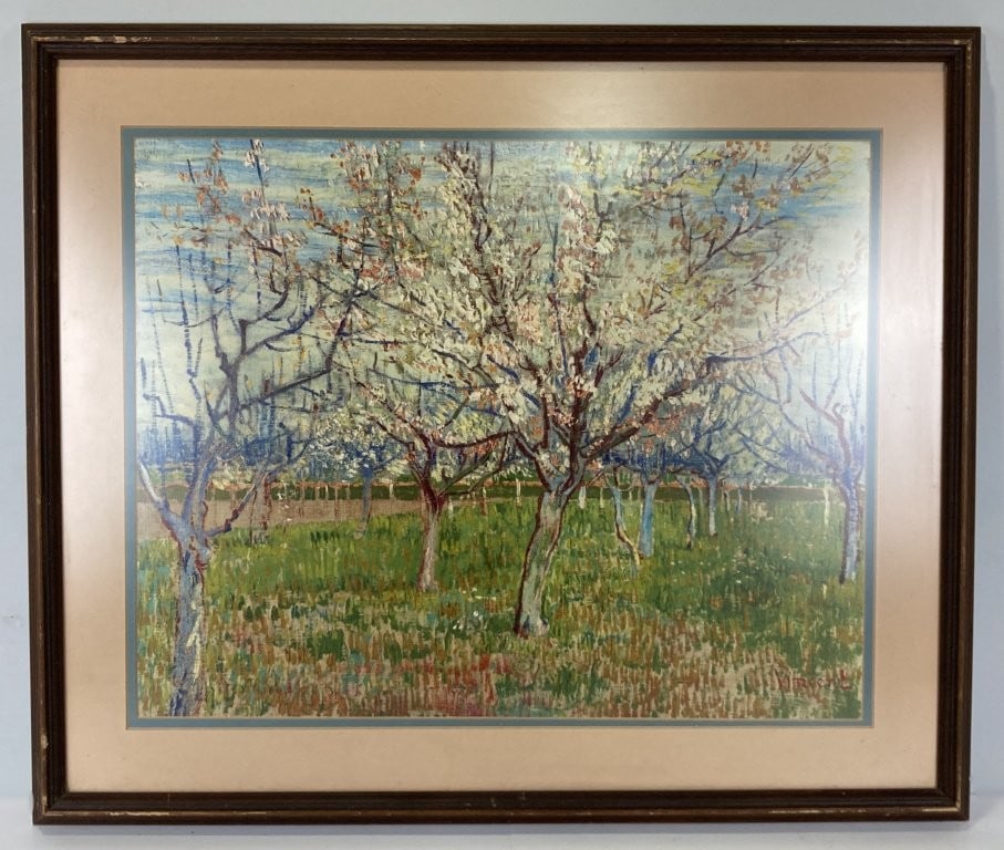 Vincent van Gogh, Orchard with Blossoming Apricot Trees, Print: This vibrant print is after the master work by Vincent van Gogh, featuring a meadow filled with blossoming apricot trees rendered in his classic post-impressionist style with energetic brushwork and