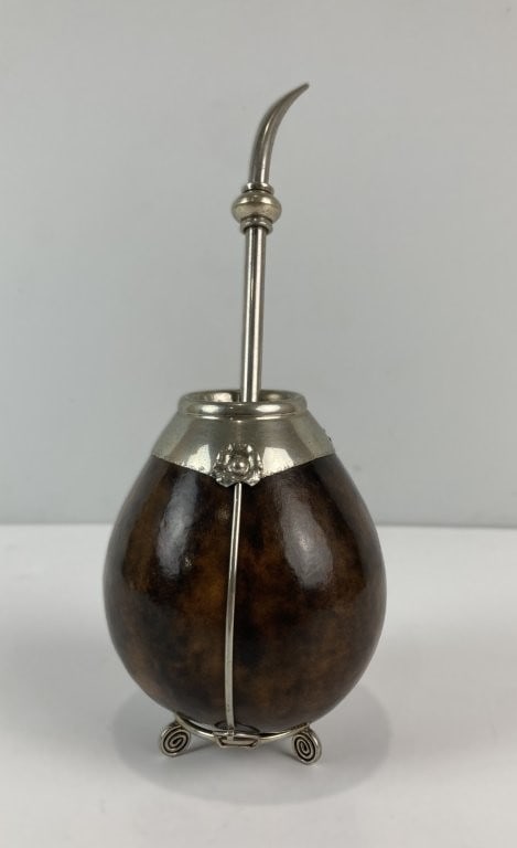 Argentine Sterling Silver-Mounted Yerba Mate Gourd Cup with Bombilla - 2