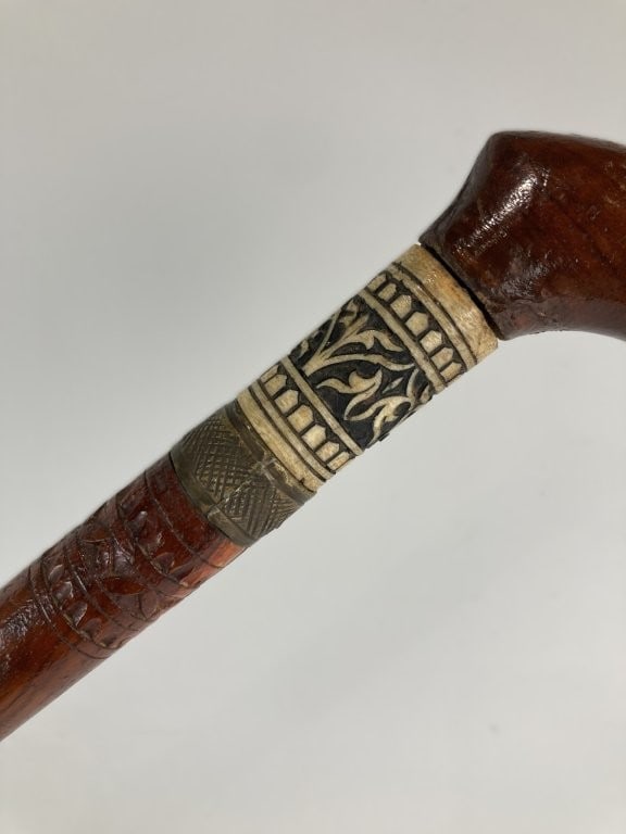 Carved Wood Inlaid Bone Cane - 2