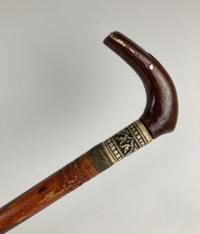 Carved Wood Inlaid Bone Cane - 3