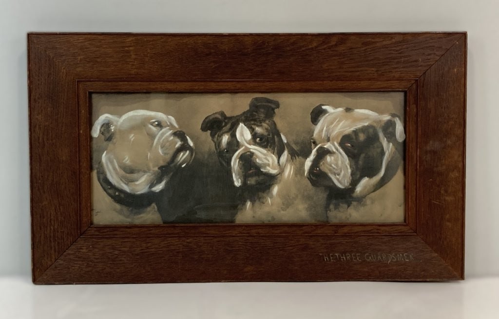 19th-Century,Cecil Aldin, Bulldog, Hand-Colored Lithograph: 19th-century traditional lithograph features a masterful pen-and-ink composition with hand-coloring on toned paper, capturing the expressive, wrinkled faces of three Bulldogs. From the renowned