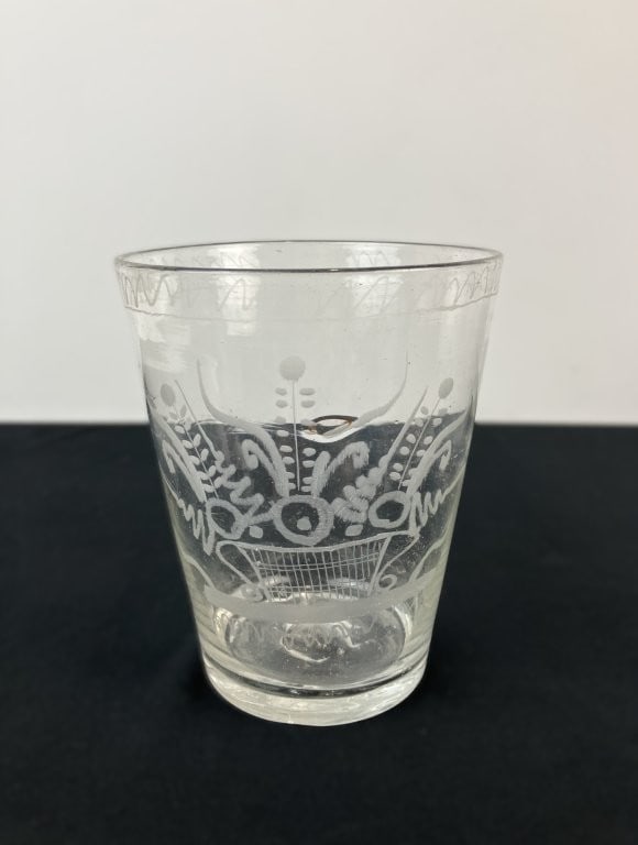 Stiegl-Type Blown Flint Glass Flip Tumbler: Impressive early-style flint glass flip tumbler is hand-blown from heavy, resonant metal featuring a classic flared cylindrical form. The exterior is beautifully adorned with a detailed wheel-etched