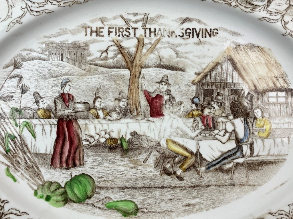 Hand-Colored First Thanksgiving Transferware Platter - 2