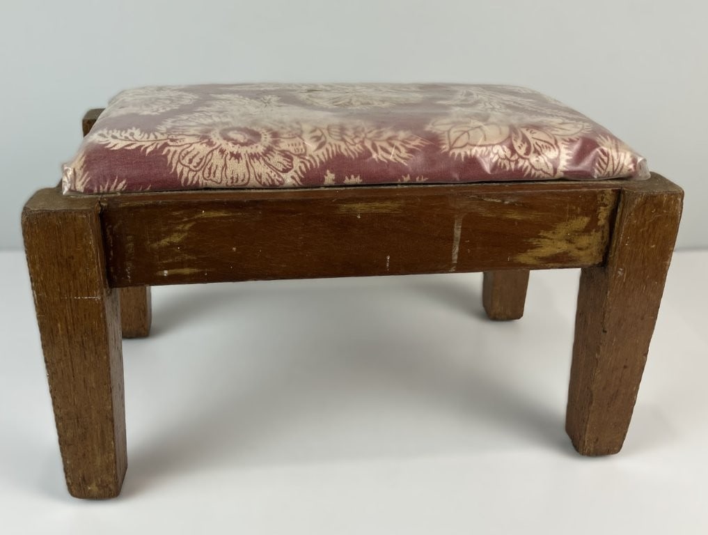 Upholstered Mahogany Wood Footstool (1 of 8)