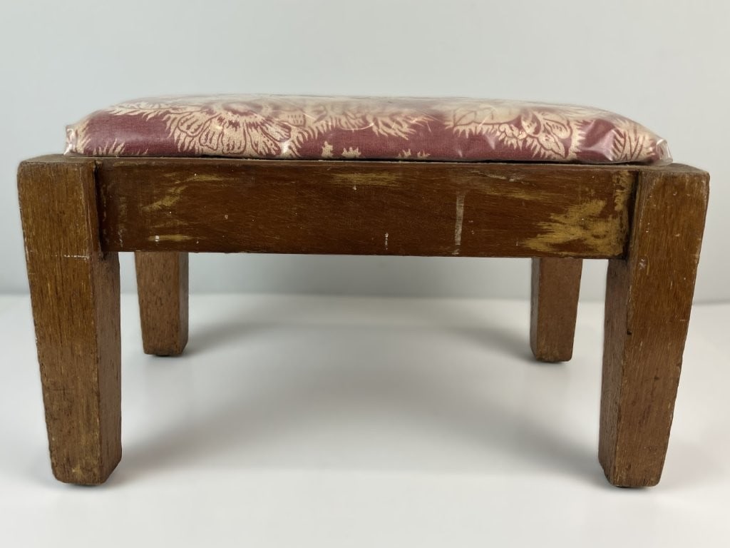 Upholstered Mahogany Wood Footstool - 2