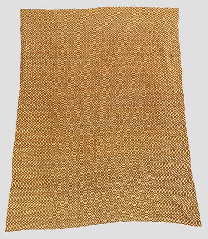 Geometric Overshot Coverlet: Intricately handcrafted antique overshot coverlet features a bold and complex geometric diamond pattern with striking tonal variations ranging from deep red woven over a warm yellow ground. The