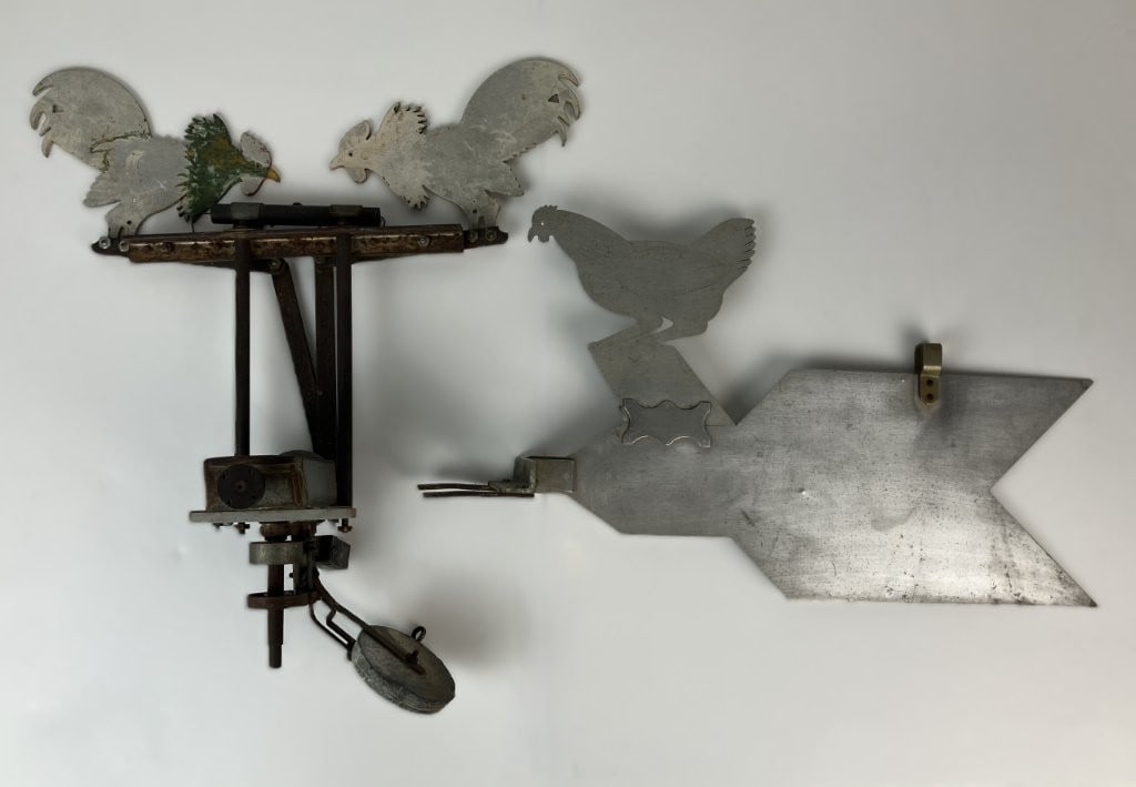 Folk Art Rooster and Chicken Whirligig Parts: Engaging pair of folk art whirligig components features hand-cut sheet metal and durable cast iron construction. The grouping includes two distinct parts: one depicting proud roosters and the other a