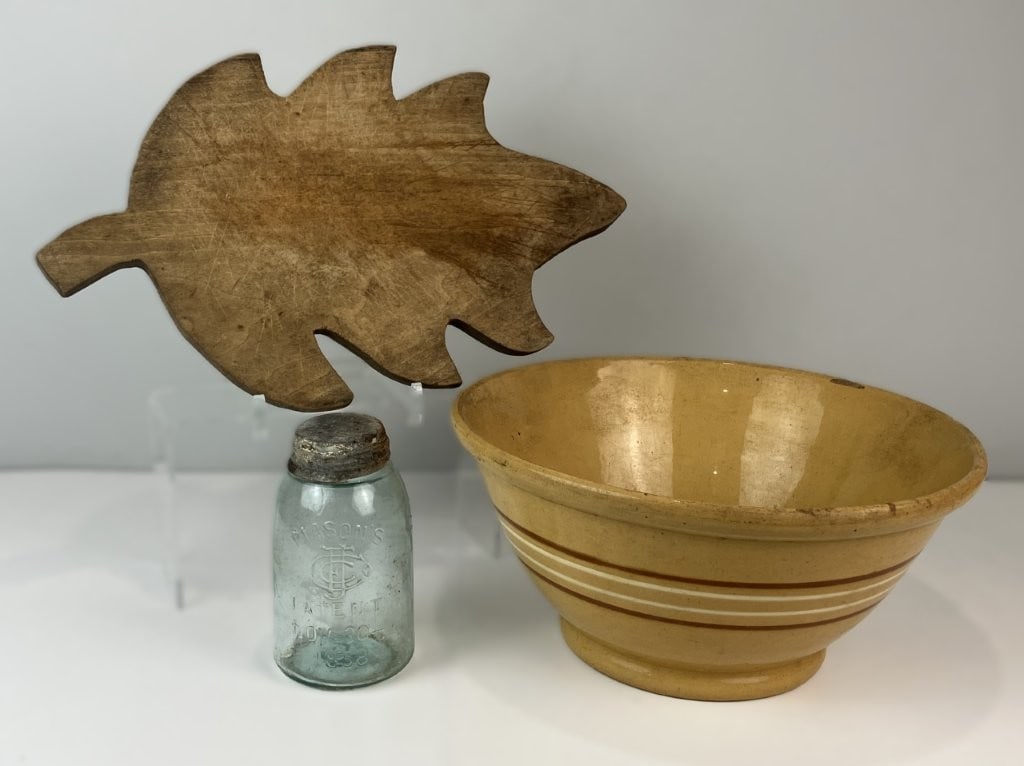 19th-Century Yellow Ware Bowl, Cutting Board, and Mason Jar: Charming trio brings together classic 19th-century utilitarian kitchenware and rustic serveware, anchored by a substantial yellow ware mixing bowl decorated with traditional alternating colored