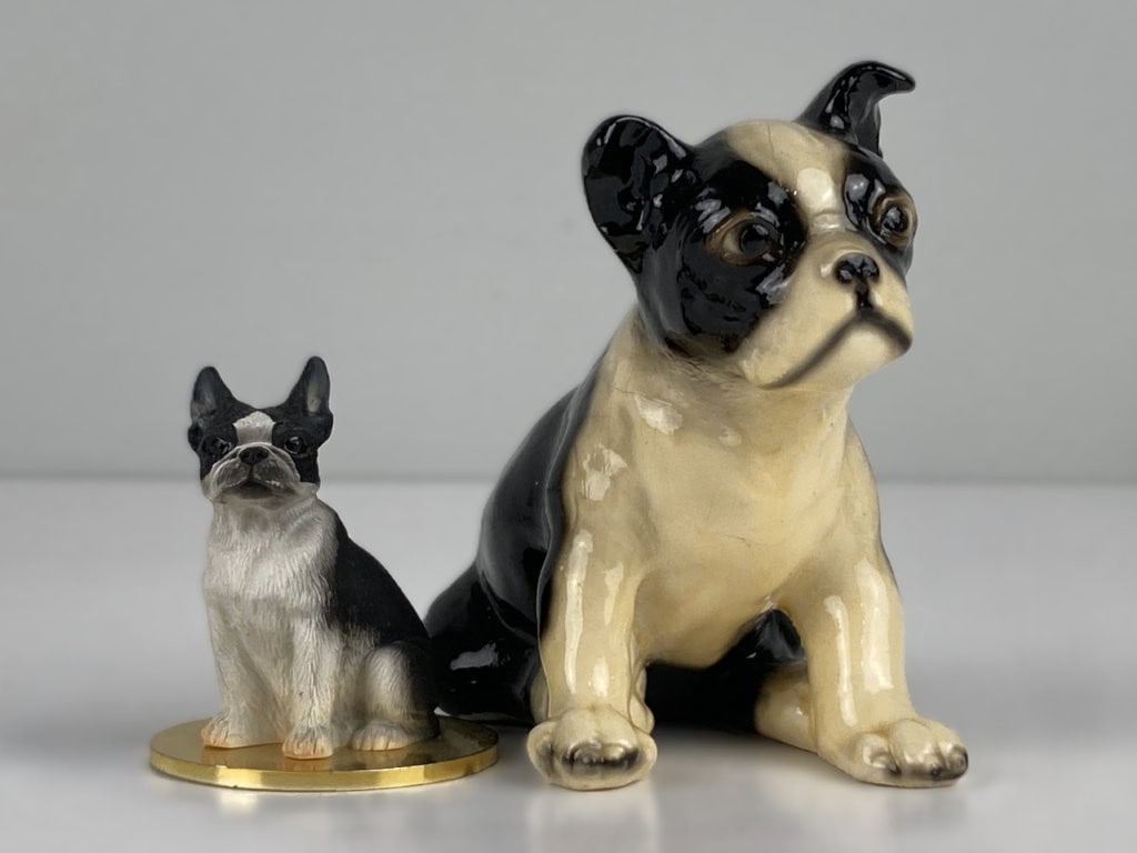Boston Terrier Figures Including Mortens Studio: Two Boston Terrier figures highlighting classic mid-century craftsmanship. The collection features a black-and-white glazed ceramic figure crafted by Mortens Studio, complete with the maker's mark on