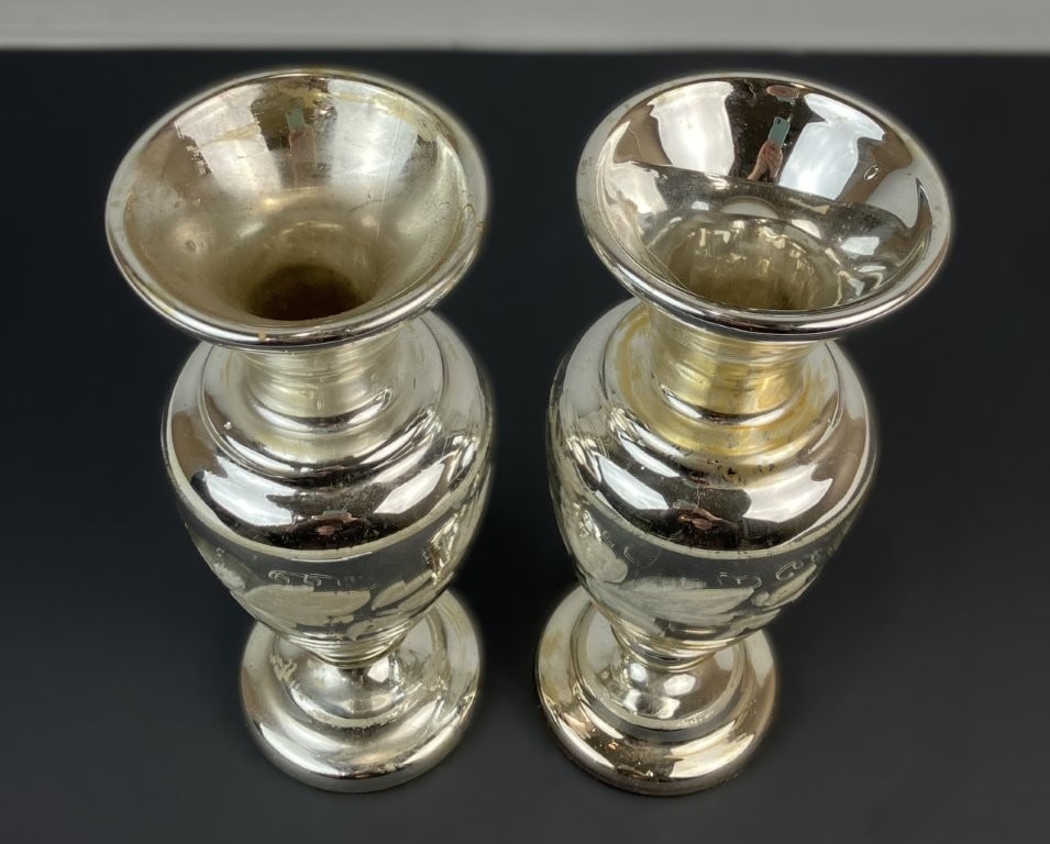 Pair of Mercury Glass Decorated Vases - 2