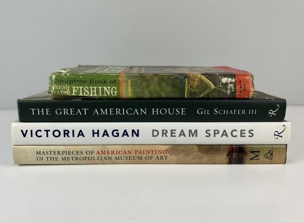 Assorted Art, Interior Design, and Wildlife Hardcover Book Collection: Thoughtfully curated quartet of hardcover volumes spans fine art, interior design, and outdoor sports, anchored by the standout monograph Masterpieces of American Painting in the Metropolitan Museum