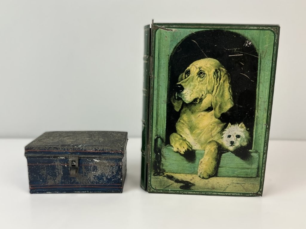 Tin Toleware Box and Lithographed Dog Box Bank - 2