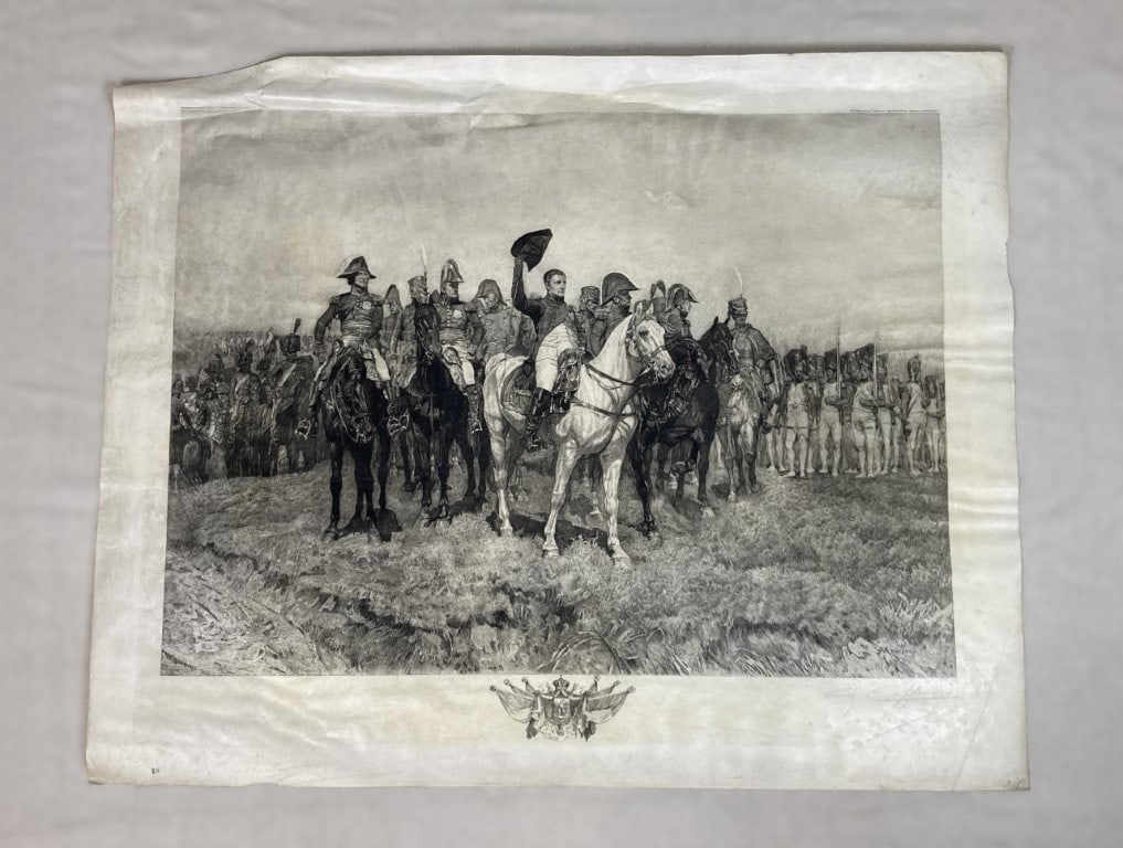 19th-Century, Meissonier, Napoleon, Engraving: Masterfully executed 19th-century engraving captures Jean-Louis-Ernest Meissonier's classic historical painting of Napoleon saluting his cavalry in 1814. The fine graphic work is printed on delicate v