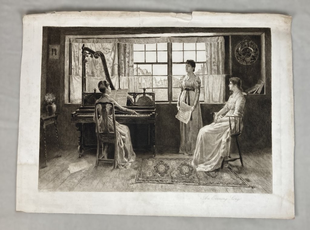19th Century, Clement Rollins Grant, An Evening Song, Etching: Wonderful antique etching, titled An Evening Song, is after the work of notable American realist genre painter Clement Rollins Grant (1848â€“1893) and is expertly engraved by James
