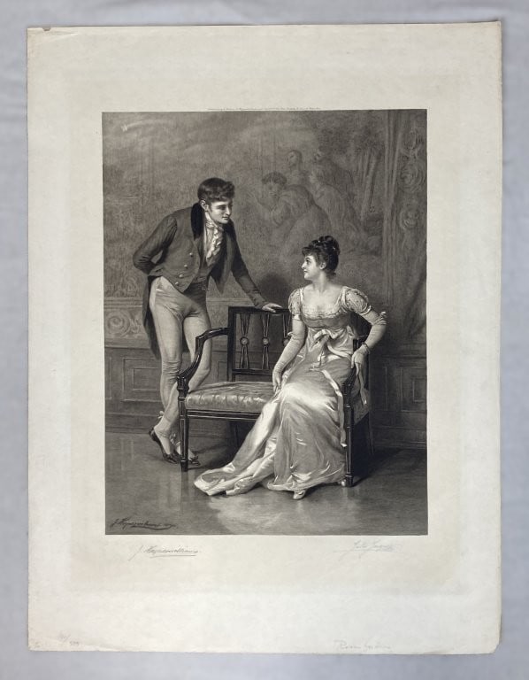 19th-Century, John Haynes Williams, Courting Couple, Engraving: Fine 19th-century limited edition engraving depicts a charming romantic courting scene between a man and a woman, rendered with careful, intricate detail. The work is pencil-signed by artist John
