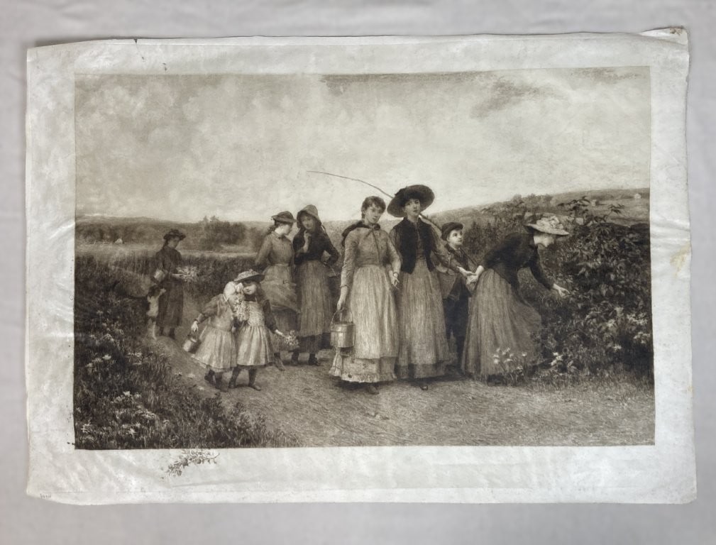 19th-Century, Jennie Augusta Brownscombe, The Berry Pickers, Engraving: Delightful 19th-century engraving, titled The Berry Pickers, captures a charming pastoral scene of women and family gathering berries in a radiant, light-filled landscape. The fine work is executed