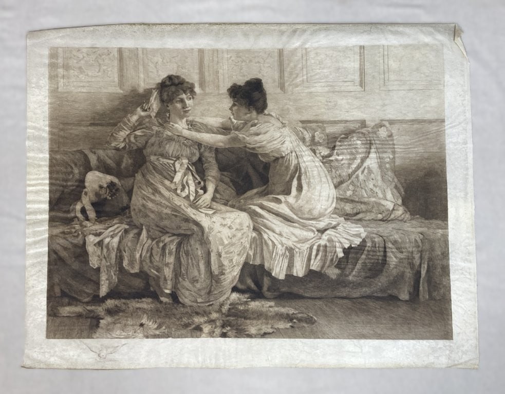19th-Century, Women with a Love Letter, Engraving: Delightful 19th-century engraving captures a moment of Victorian nostalgia, depicting two women in Regency-era dress engaged in a playful sceneâ€”one playfully hiding a love letter