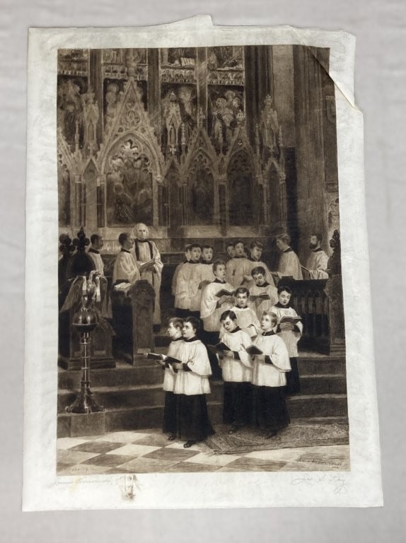 19th-Century, Jennie Augusta Brownscombe, The Choir Boys, Engraving: Fine 19th-century engraving captures a serene church interior scene of a children's choir gathered in front of a Gothic altarpiece, showcasing beautiful tonal variation. The work is after the