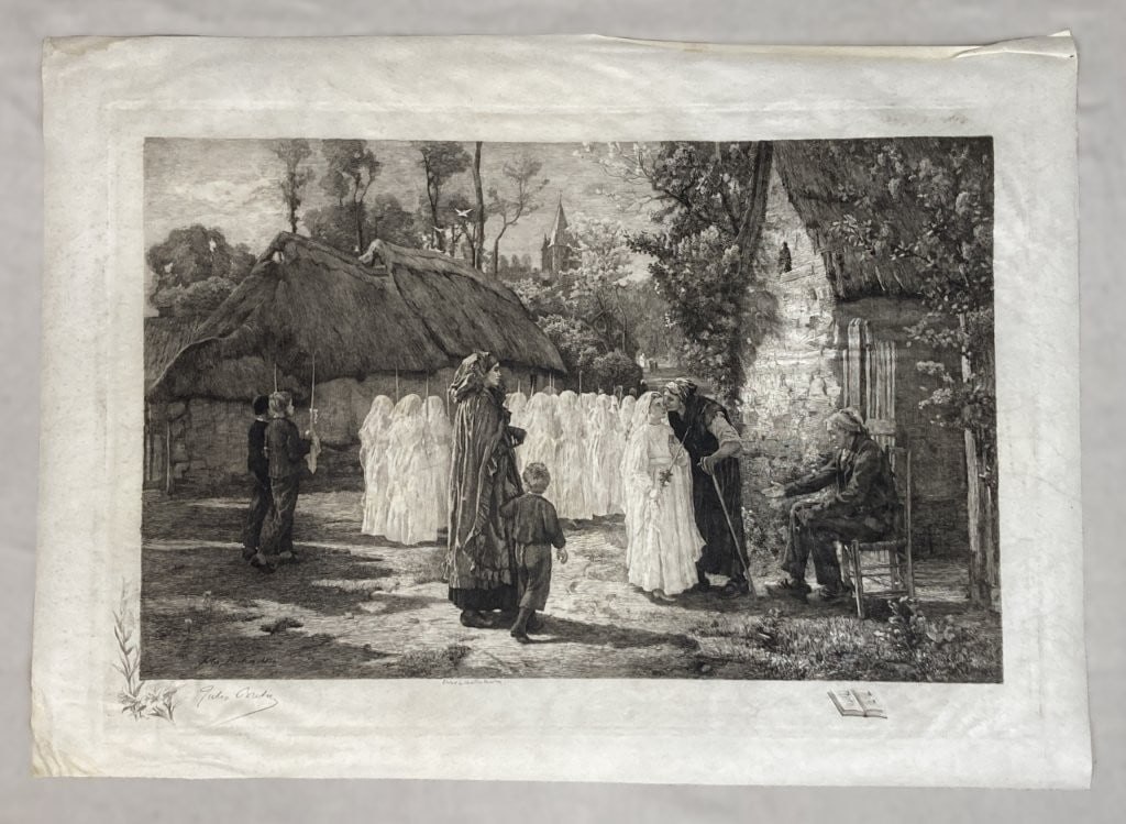 19th-Century Jules Breton, The Communicants, Engraving: Masterful 19th-century engraving captures a poignant rural first communion scene, derived from the work of renowned French realist artist Jules Breton (1827â€“1906). The piece