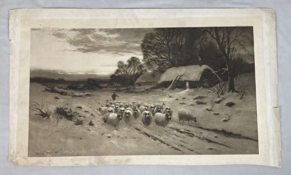 Early 20th-Century, Sheep Herder in Pastoral Landscape, Engraving: Fine early 20th-century mezzotint captures a tranquil pastoral landscape featuring a shepherd and his flock. Printed in 1906 after a painting by Charles Wood, the piece was published by C. Klackner