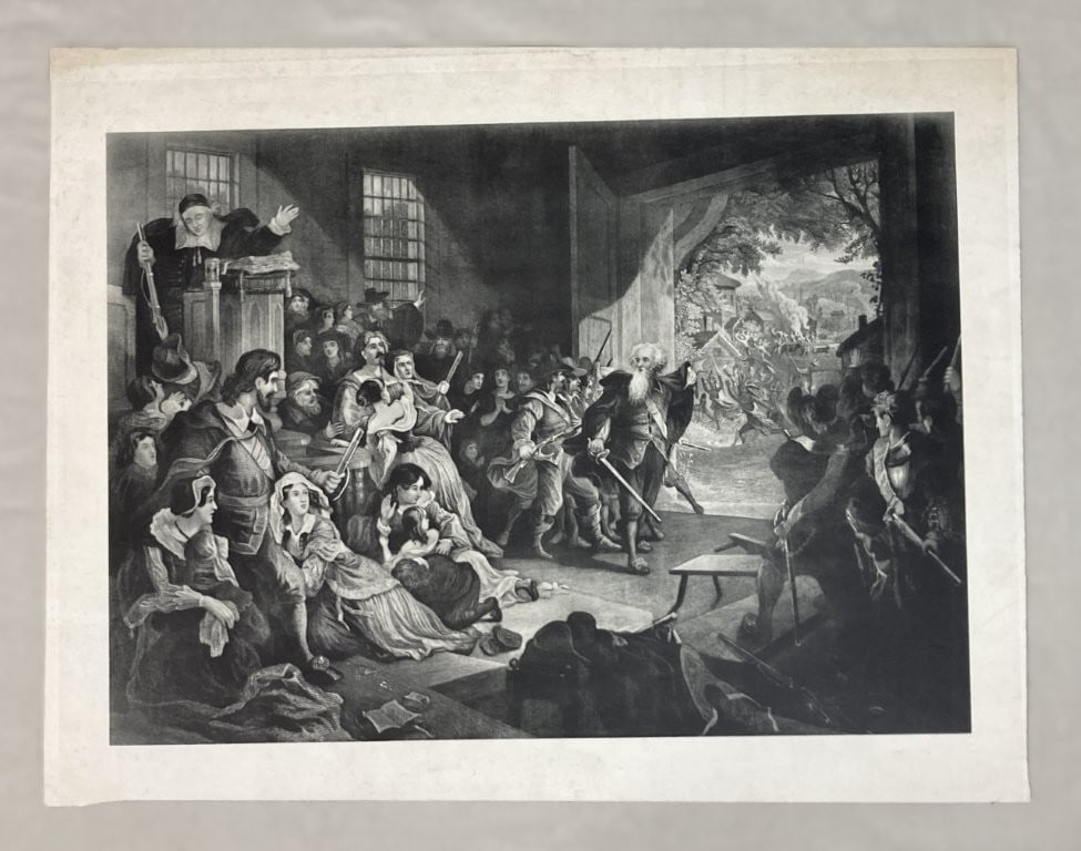 19th-Century, Frederick Chapman, Angel of Hadley, Engraving: Captivating 19th-century mezzotint engraving, titled The Angel of Hadley (also known as The Perils of Our Forefathers), depicts the historic Native American attack in Massachusetts and the legendary a