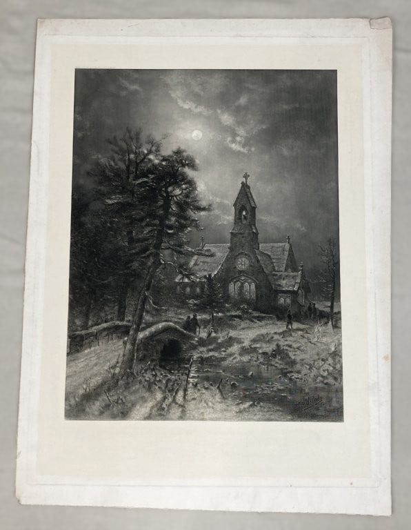 19th-Century, George Herbert McCord, Going to Church, Engraving: Evocative 19th-century mezzotint engraving is after a work by notable American landscape painter George Herbert McCord (1848â€“1909). The atmospheric composition depicts a quaint