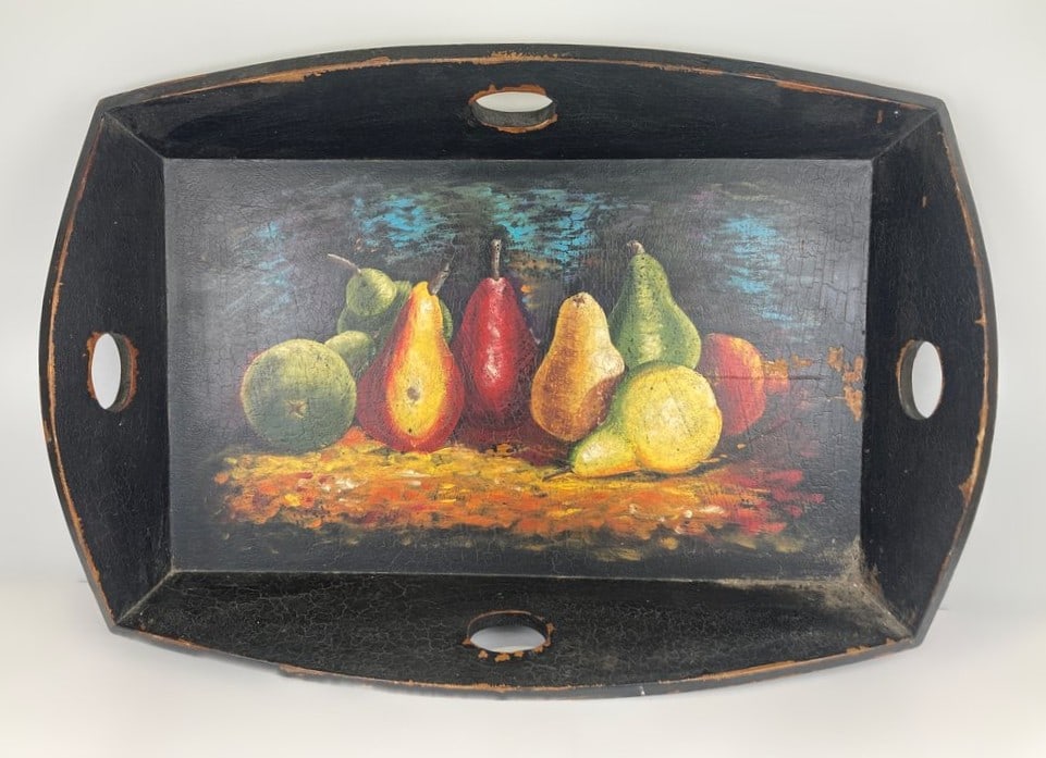 Large Paint-Decorated Wooden Tray: Large paint-decorated wooden tray, featuring a rectangular form with cutout side handles and a hand-painted still life composition centered within the surface. The generous proportions and decorative